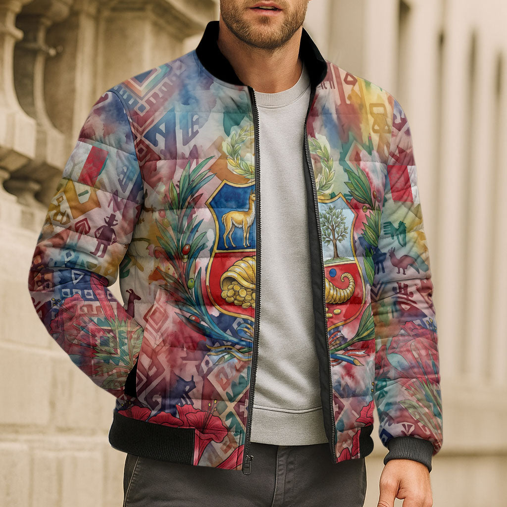 Peru National Emblem Marinera Bomber Puffer Jacket Watercolor Splash Inca Pattern