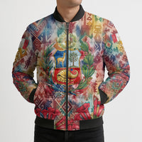 Peru National Emblem Marinera Bomber Puffer Jacket Watercolor Splash Inca Pattern
