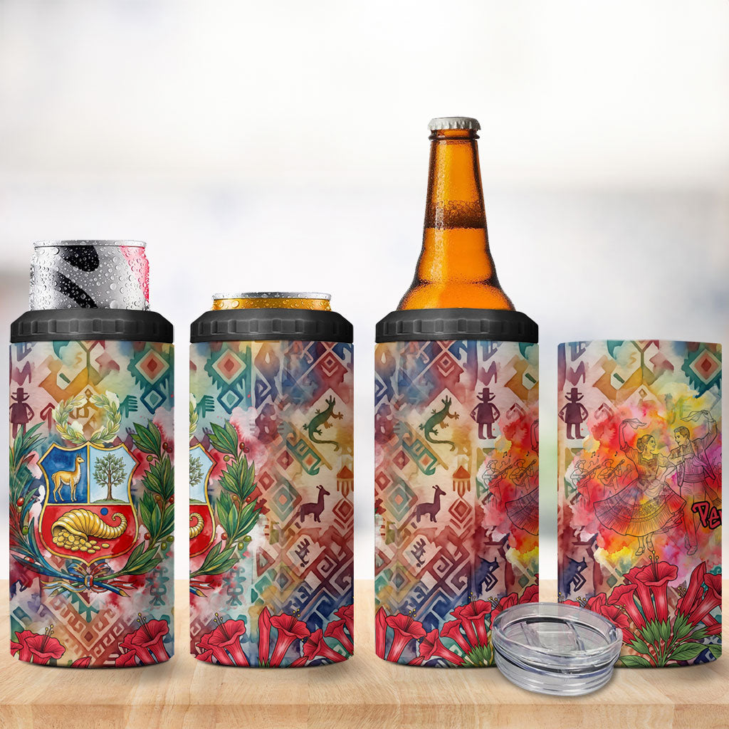 Peru National Emblem Marinera 4 in 1 Can Cooler Tumbler Watercolor Splash Inca Pattern