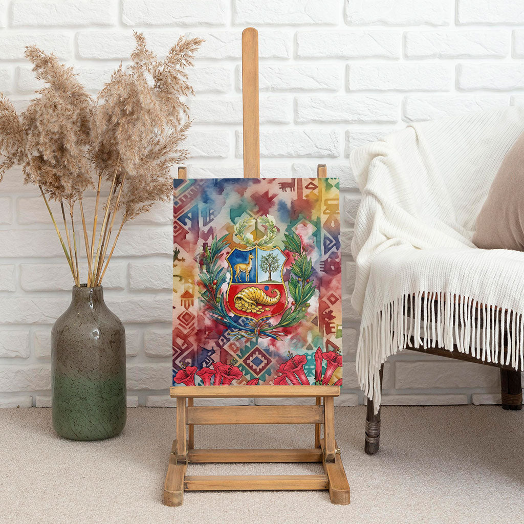 Peru National Emblem Marinera Canvas Wall Art Watercolor Splash Inca Pattern