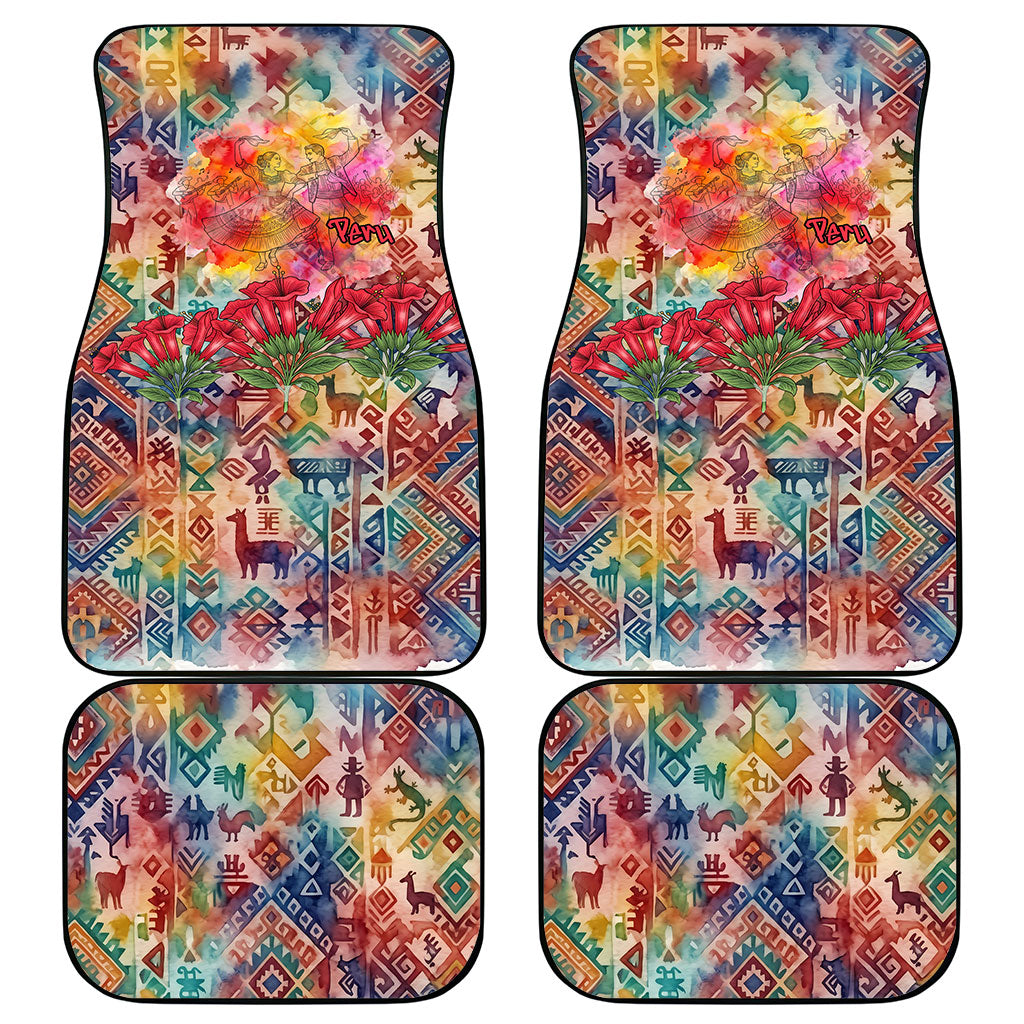 Peru National Emblem Marinera Car Mats Watercolor Splash Inca Pattern