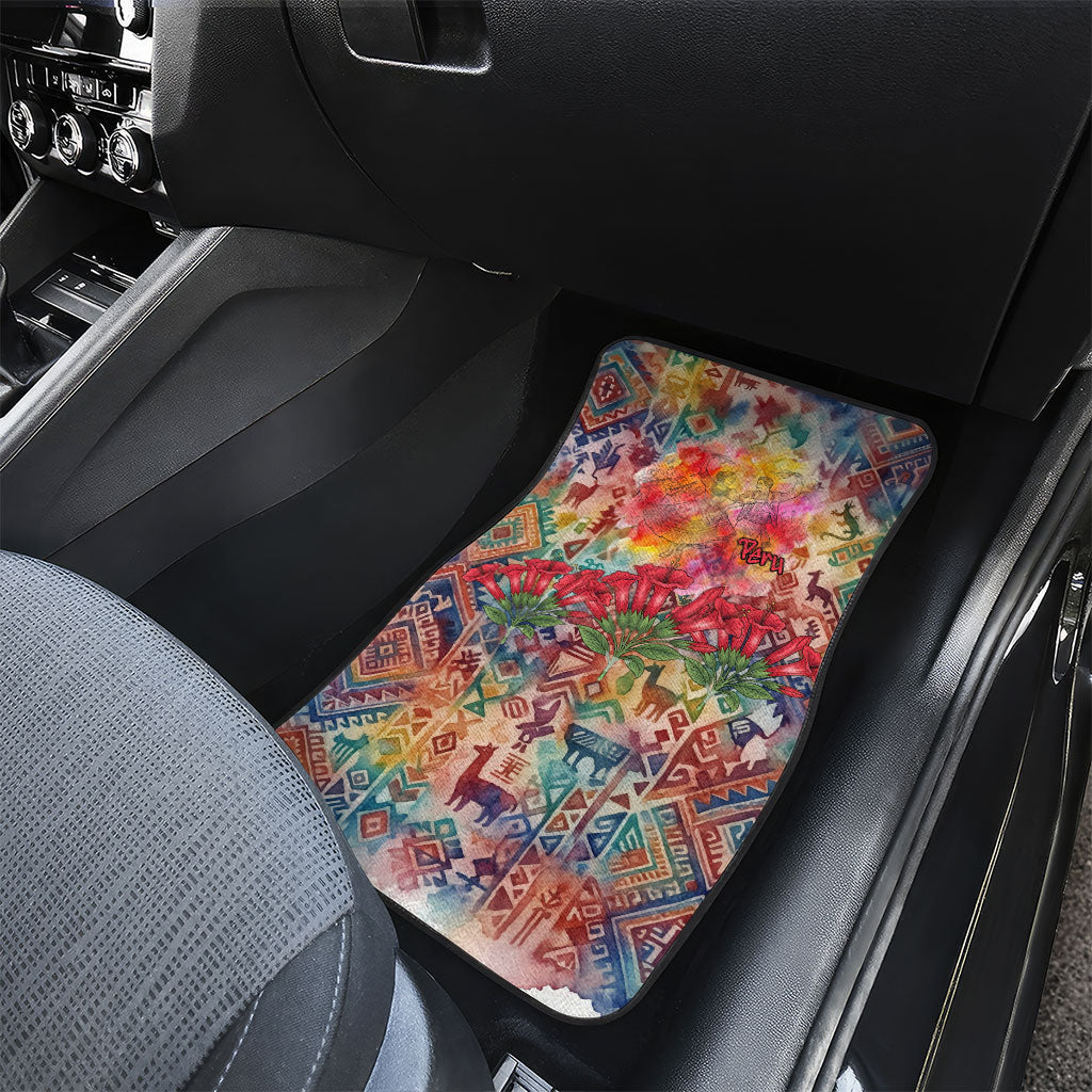 Peru National Emblem Marinera Car Mats Watercolor Splash Inca Pattern