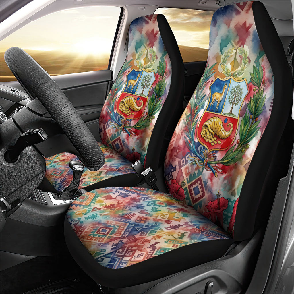 Peru National Emblem Marinera Car Seat Cover Watercolor Splash Inca Pattern