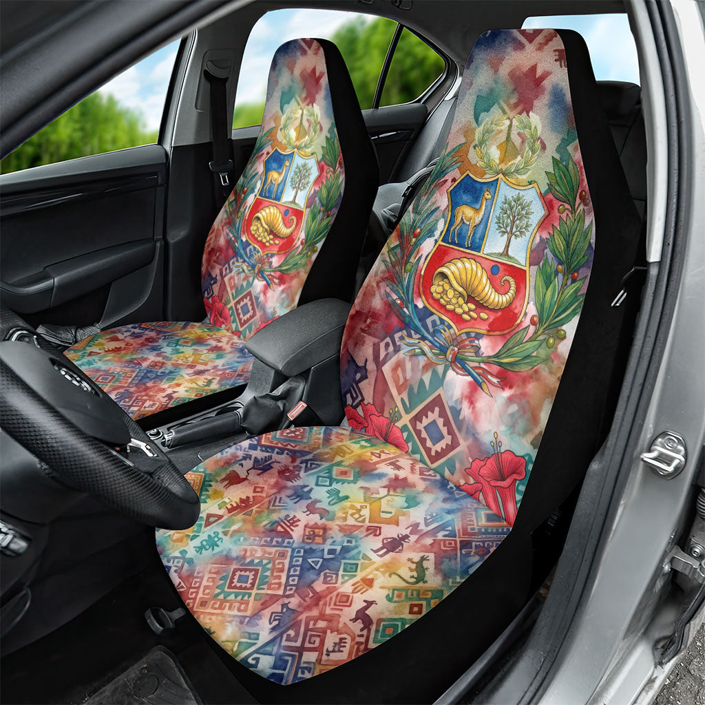 Peru National Emblem Marinera Car Seat Cover Watercolor Splash Inca Pattern