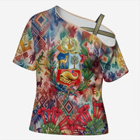 Peru National Emblem Marinera Cross Shoulder Shirt Watercolor Splash Inca Pattern