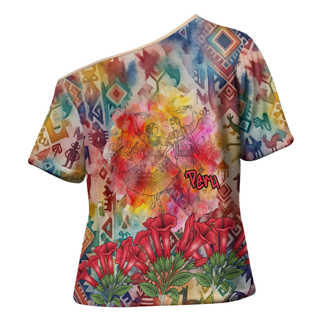 Peru National Emblem Marinera Cross Shoulder Shirt Watercolor Splash Inca Pattern