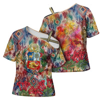Peru National Emblem Marinera Cross Shoulder Shirt Watercolor Splash Inca Pattern