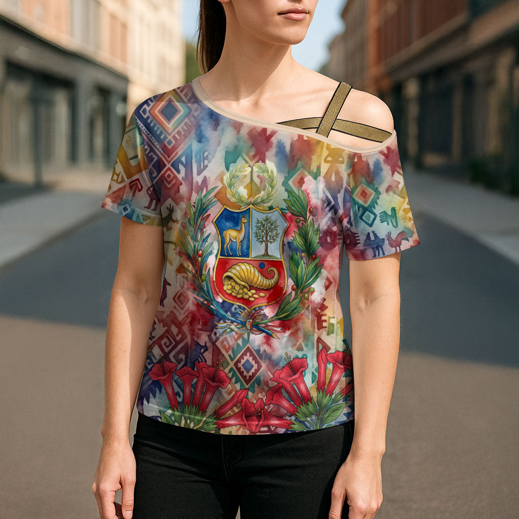 Peru National Emblem Marinera Cross Shoulder Shirt Watercolor Splash Inca Pattern