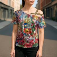 Peru National Emblem Marinera Cross Shoulder Shirt Watercolor Splash Inca Pattern