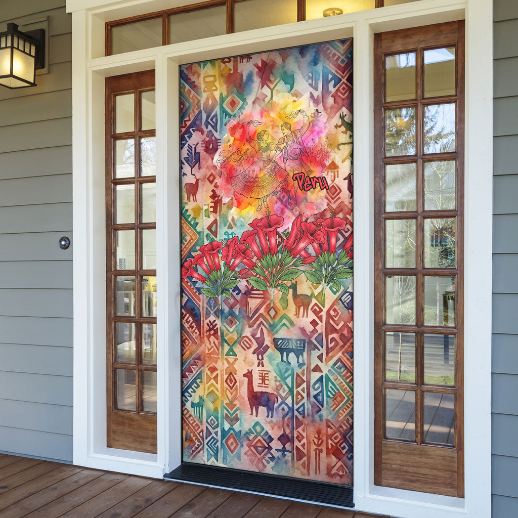 Peru National Emblem Marinera Door Cover Watercolor Splash Inca Pattern