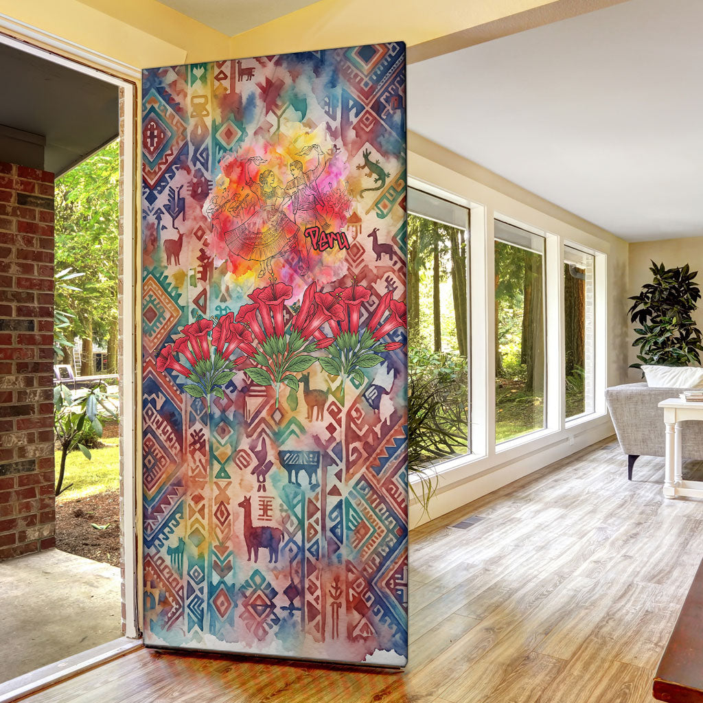 Peru National Emblem Marinera Door Cover Watercolor Splash Inca Pattern