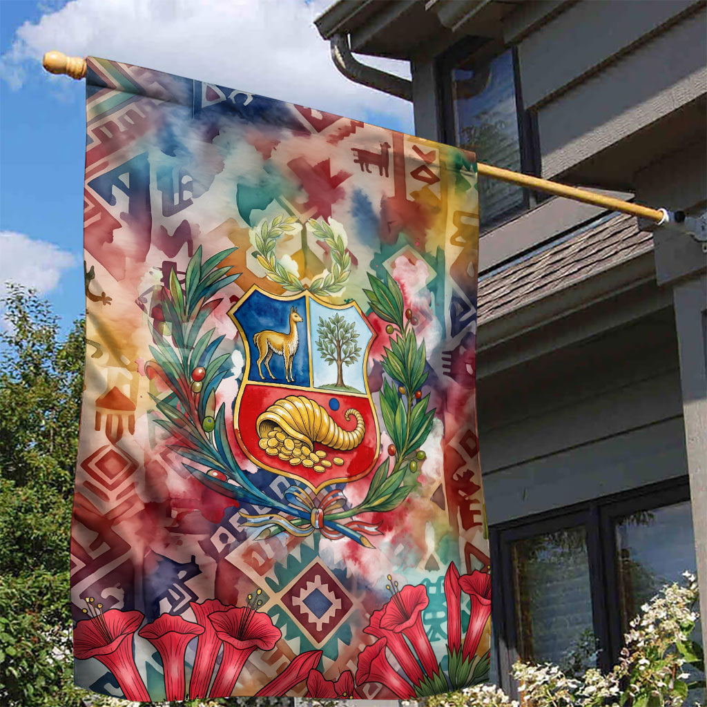 Peru National Emblem Marinera Garden Flag Watercolor Splash Inca Pattern