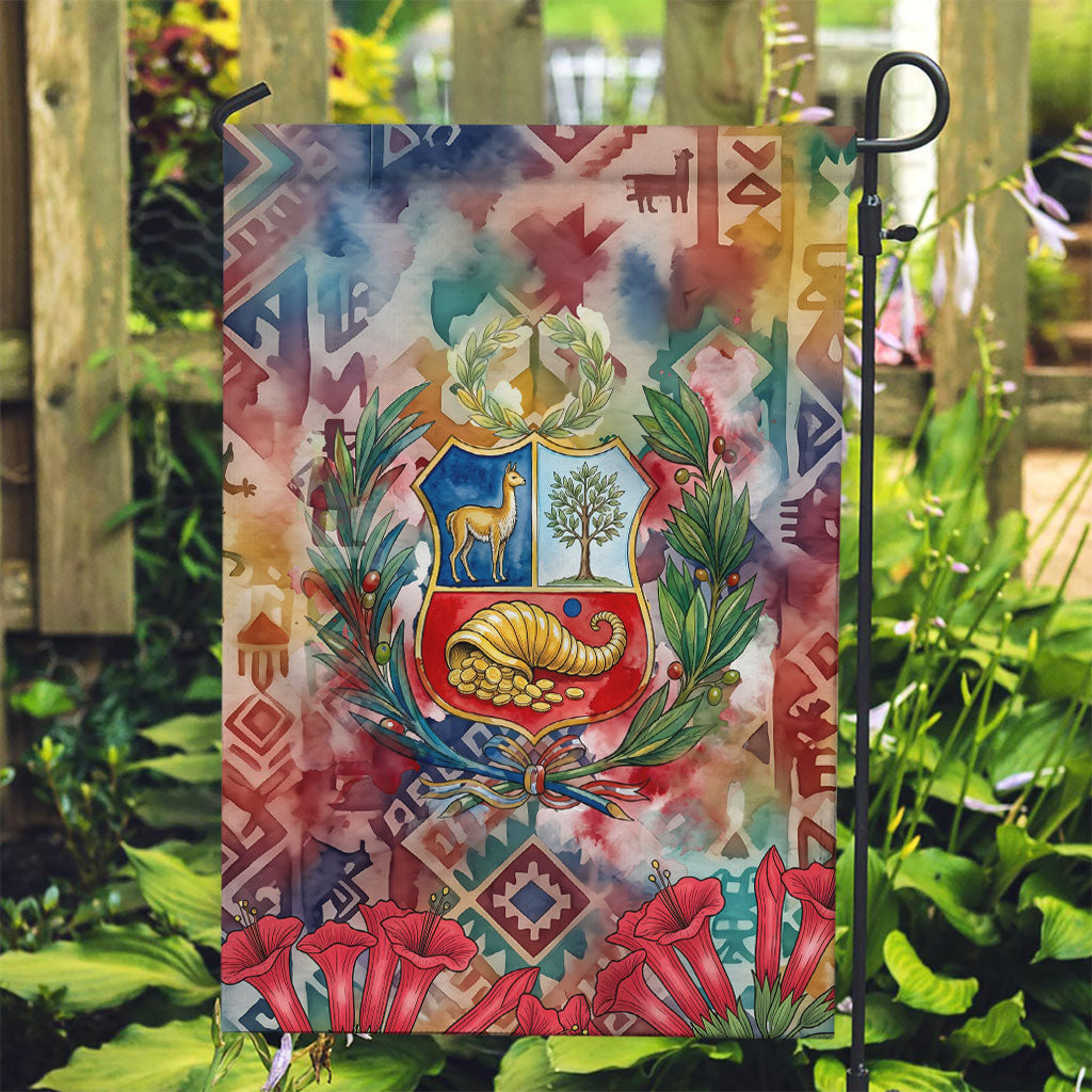 Peru National Emblem Marinera Garden Flag Watercolor Splash Inca Pattern