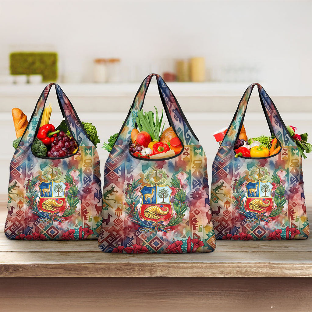 Peru National Emblem Marinera Grocery Bag Watercolor Splash Inca Pattern