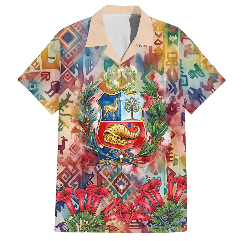 Peru National Emblem Marinera Hawaiian Shirt Watercolor Splash Inca Pattern