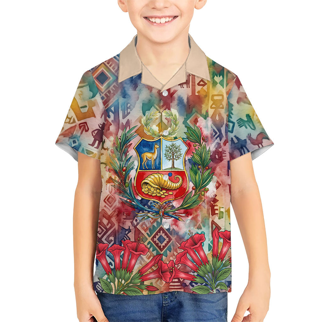 Peru National Emblem Marinera Hawaiian Shirt Watercolor Splash Inca Pattern