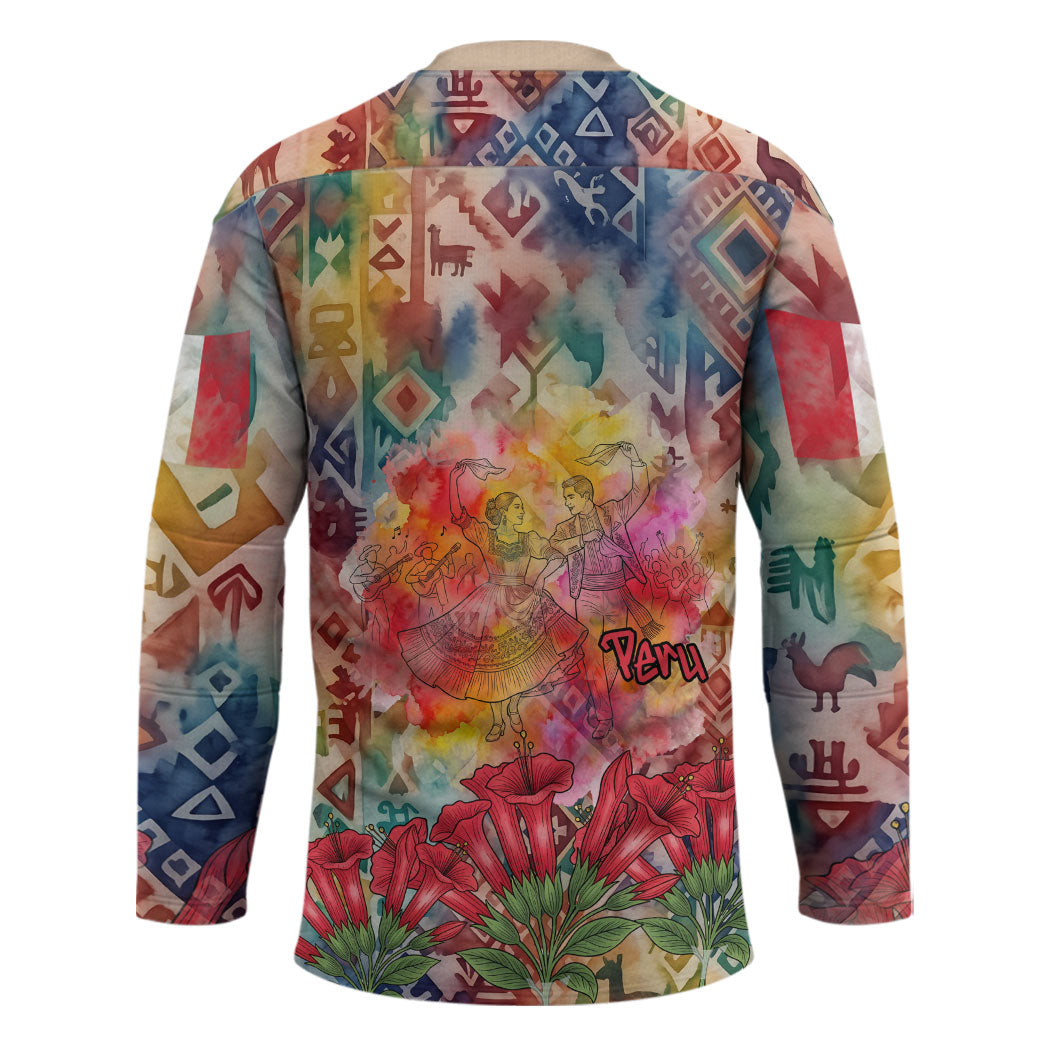 Peru National Emblem Marinera Hockey Jersey Watercolor Splash Inca Pattern