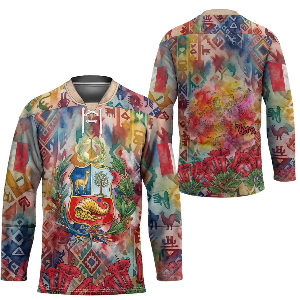 Peru National Emblem Marinera Hockey Jersey Watercolor Splash Inca Pattern
