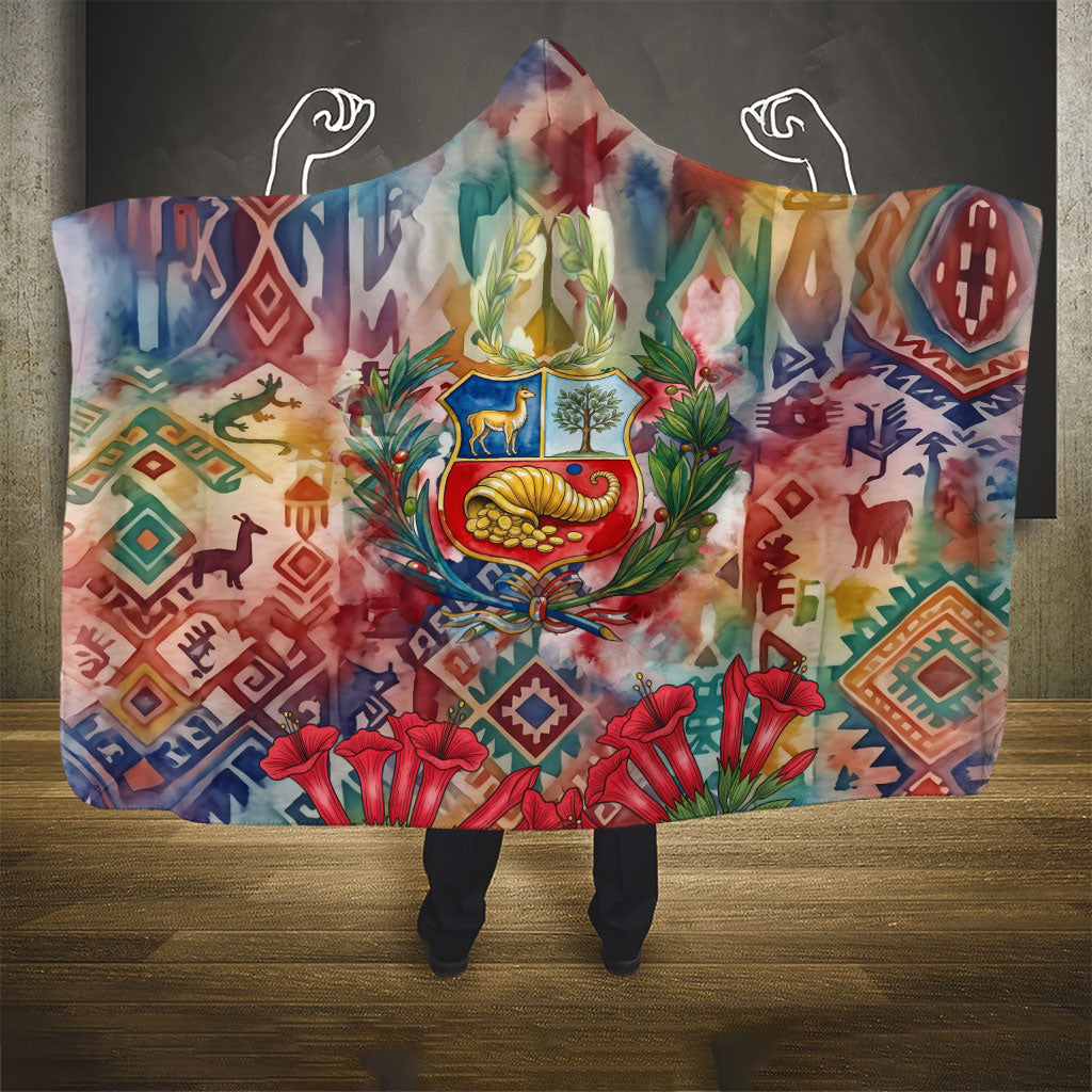 Peru National Emblem Marinera Hooded Blanket Watercolor Splash Inca Pattern