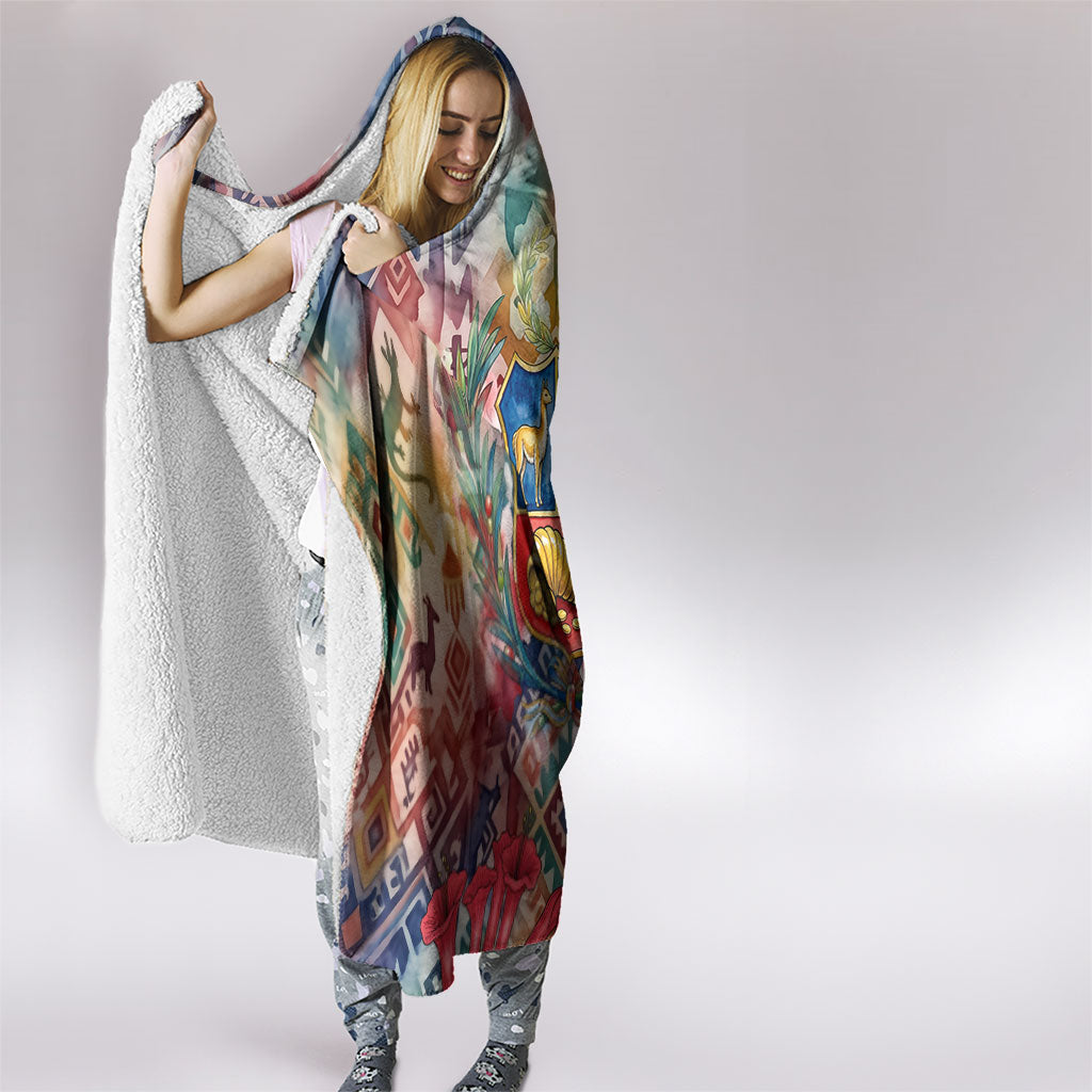 Peru National Emblem Marinera Hooded Blanket Watercolor Splash Inca Pattern