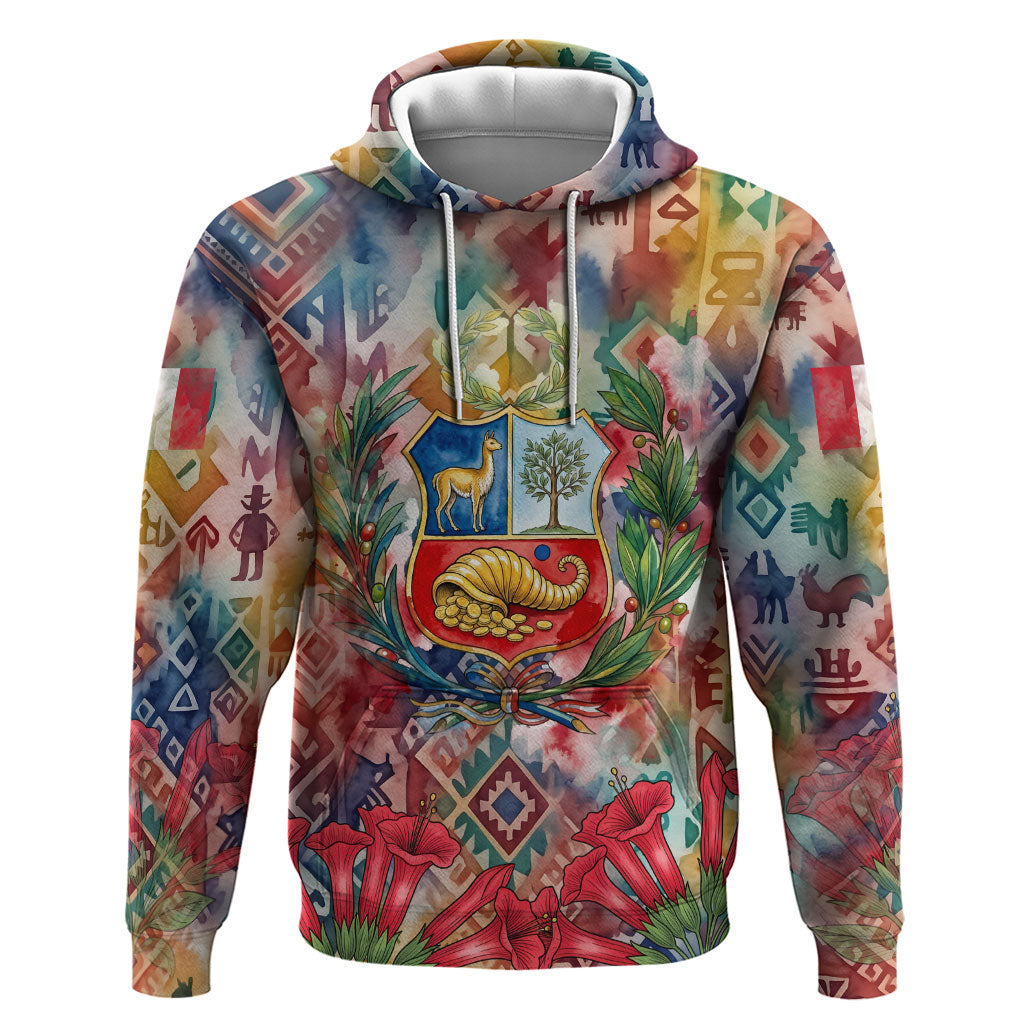 Peru National Emblem Marinera Hoodie Watercolor Splash Inca Pattern