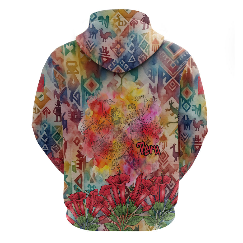 Peru National Emblem Marinera Hoodie Watercolor Splash Inca Pattern