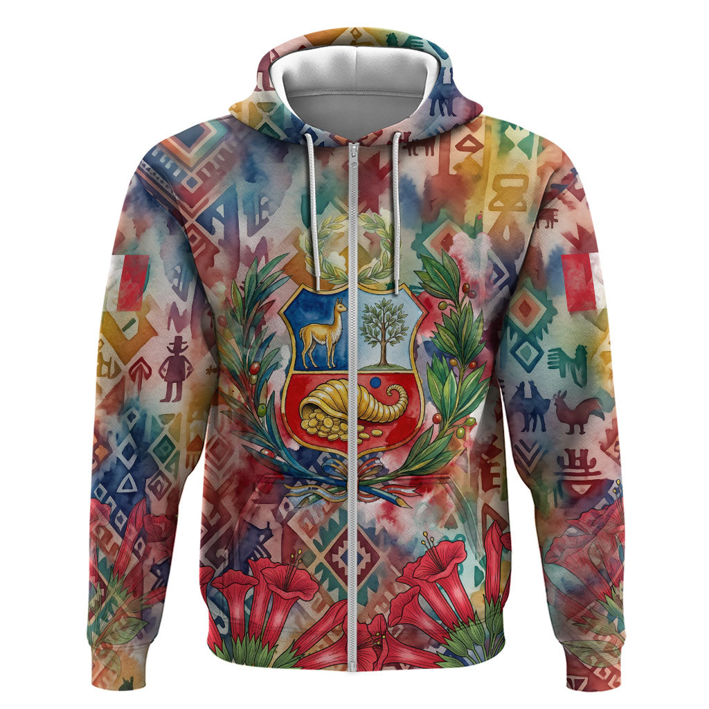 Peru National Emblem Marinera Hoodie Watercolor Splash Inca Pattern