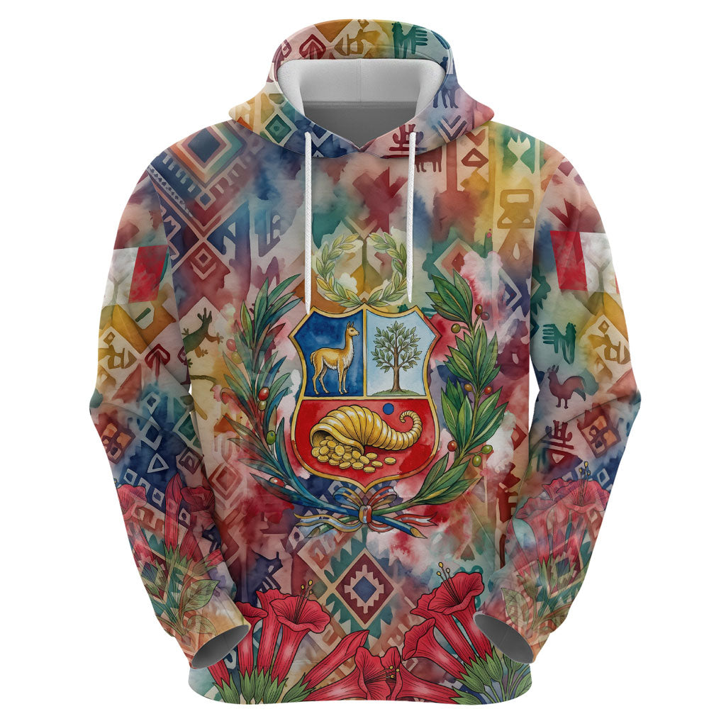 Peru National Emblem Marinera Hoodie Watercolor Splash Inca Pattern