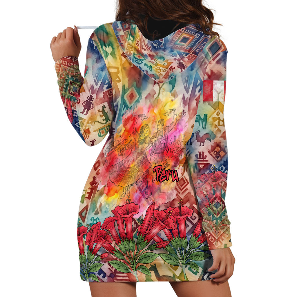 Peru National Emblem Marinera Hoodie Dress Watercolor Splash Inca Pattern