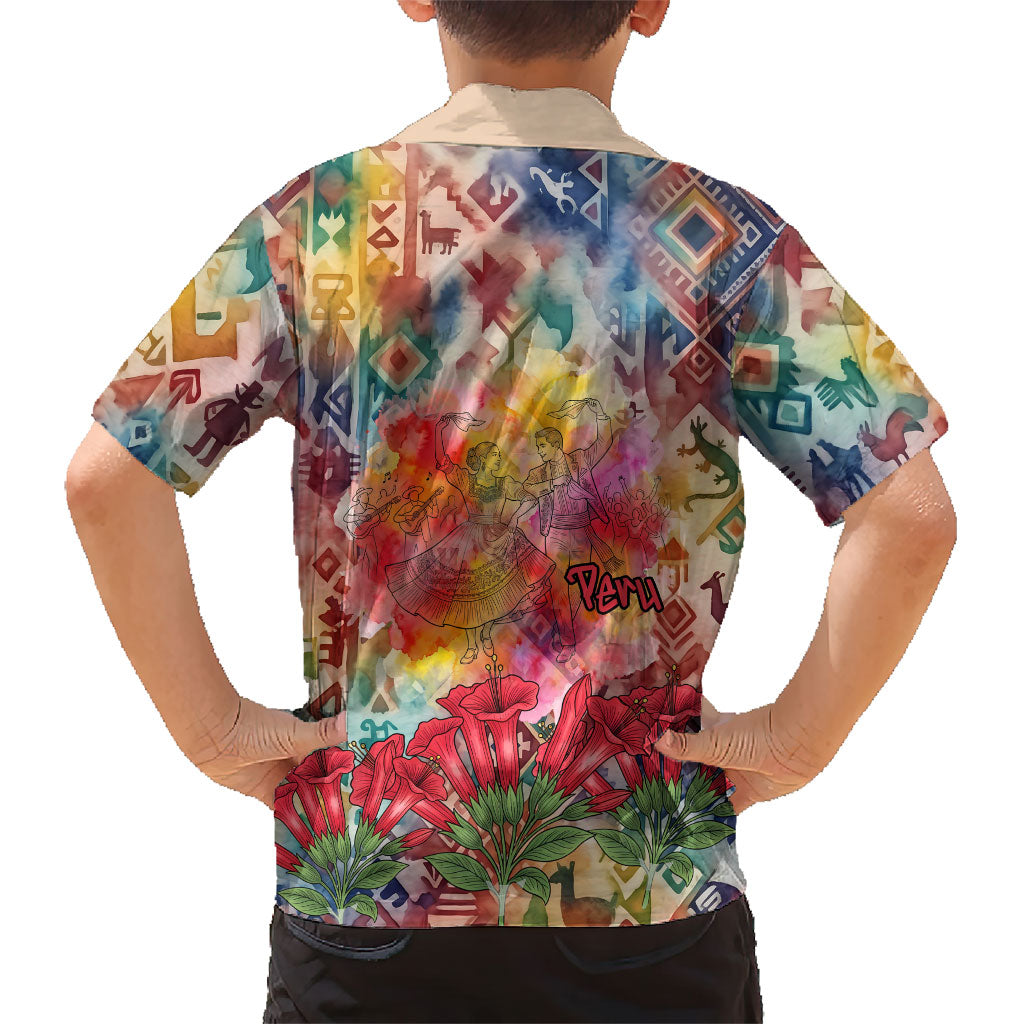 Peru National Emblem Marinera Kid Hawaiian Shirt Watercolor Splash Inca Pattern