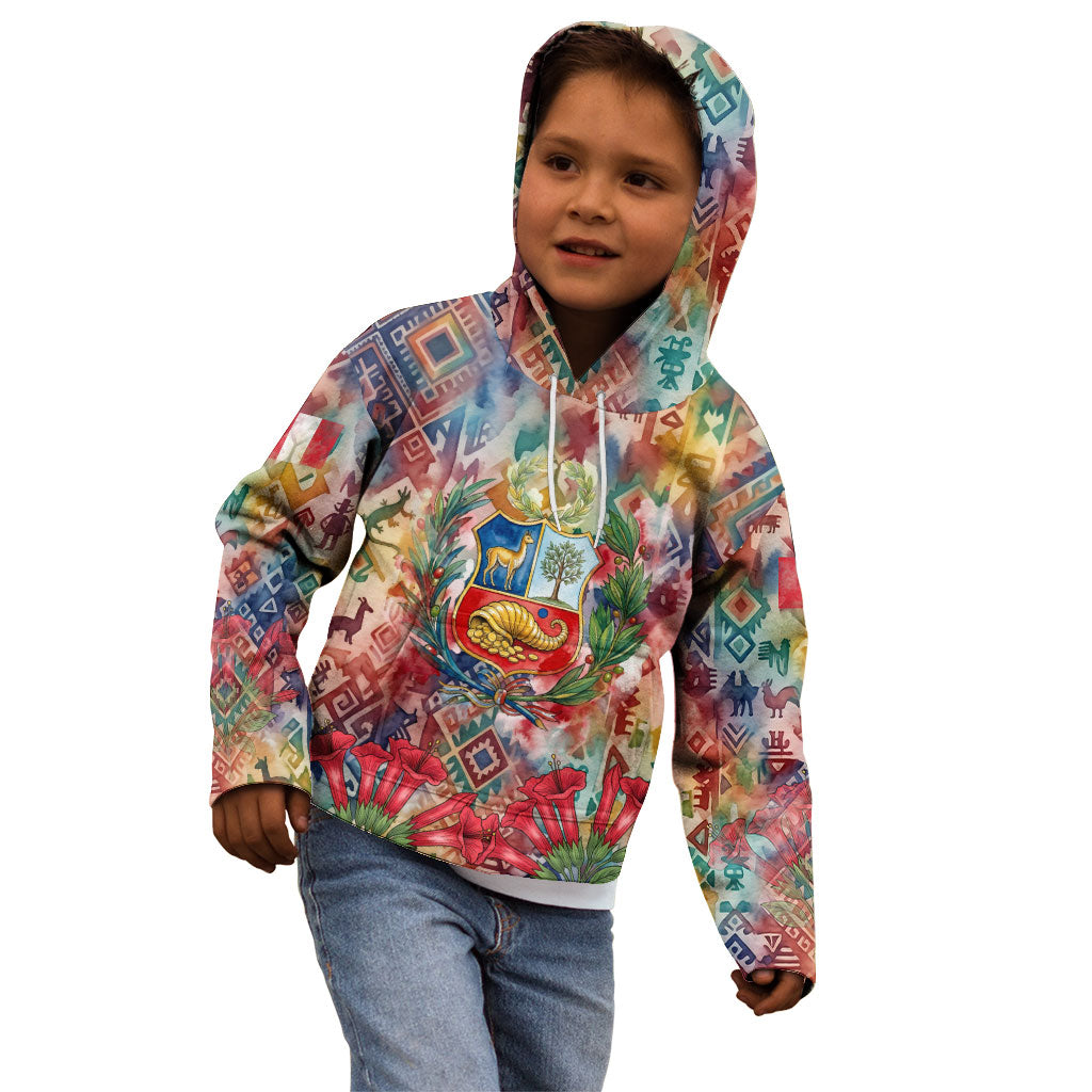 Peru National Emblem Marinera Kid Hoodie Watercolor Splash Inca Pattern