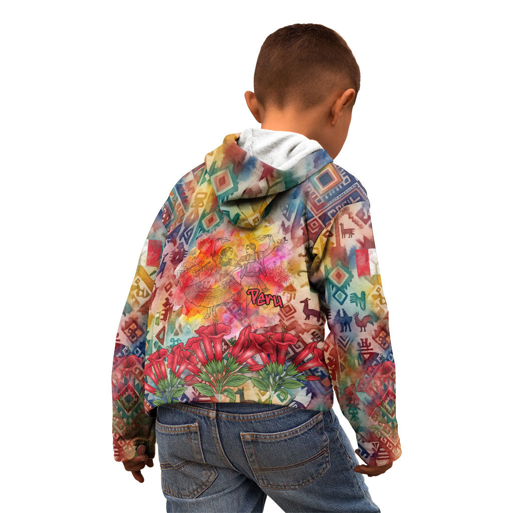 Peru National Emblem Marinera Kid Hoodie Watercolor Splash Inca Pattern