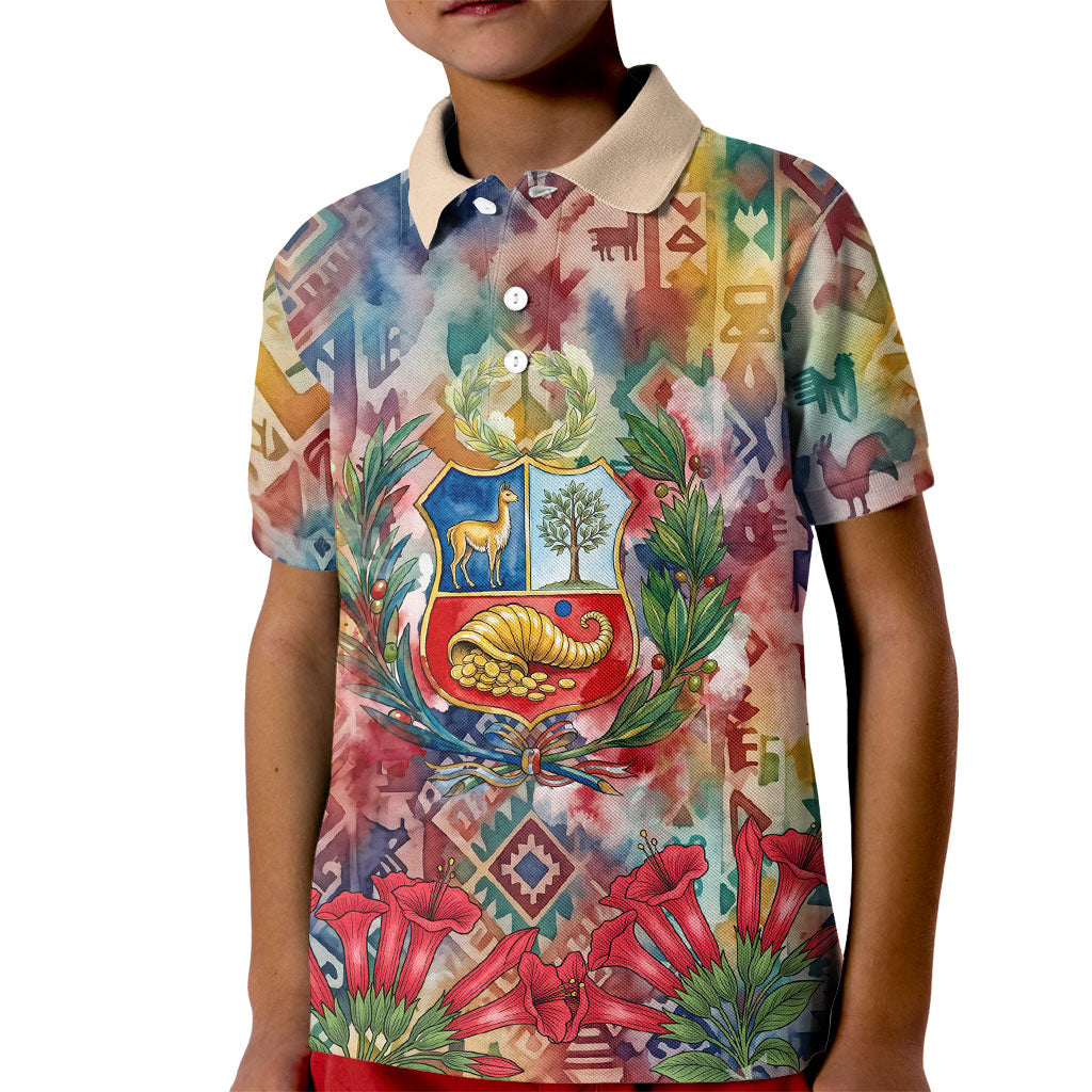 Peru National Emblem Marinera Kid Polo Shirt Watercolor Splash Inca Pattern