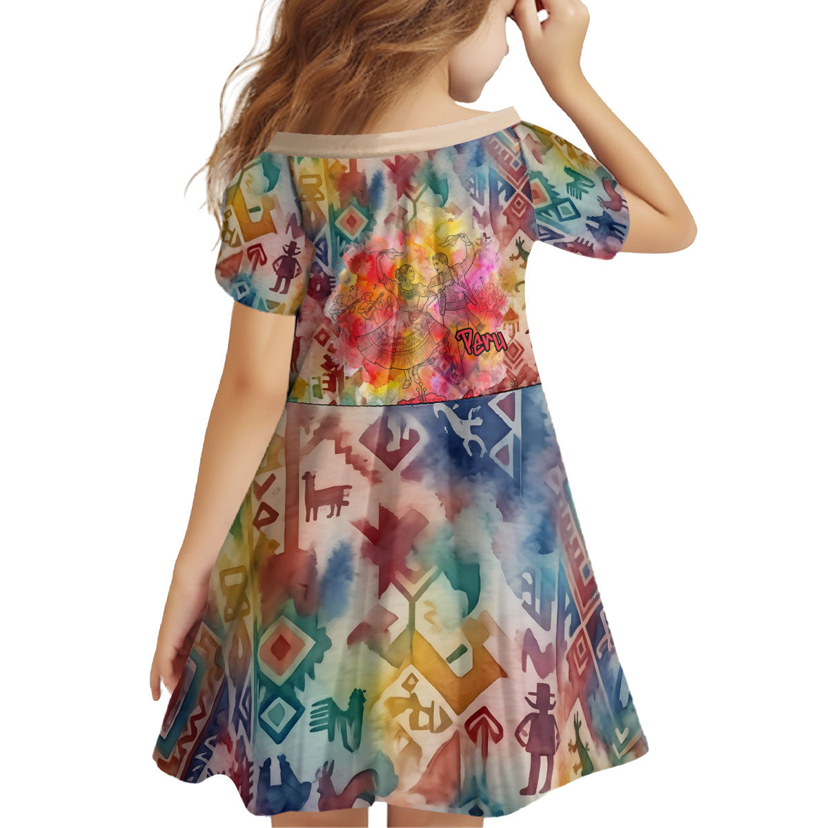 Peru National Emblem Marinera Kid Short Sleeve Dress Watercolor Splash Inca Pattern