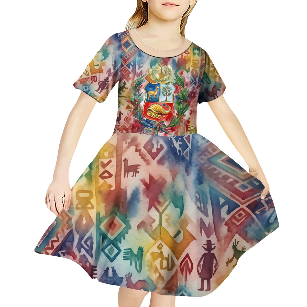 Peru National Emblem Marinera Kid Short Sleeve Dress Watercolor Splash Inca Pattern