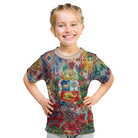 Peru National Emblem Marinera Kid T Shirt Watercolor Splash Inca Pattern
