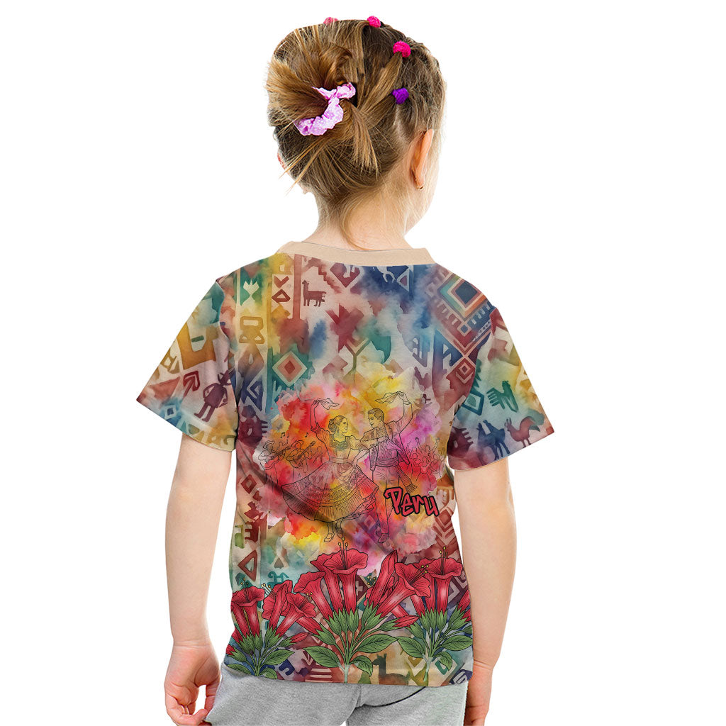 Peru National Emblem Marinera Kid T Shirt Watercolor Splash Inca Pattern