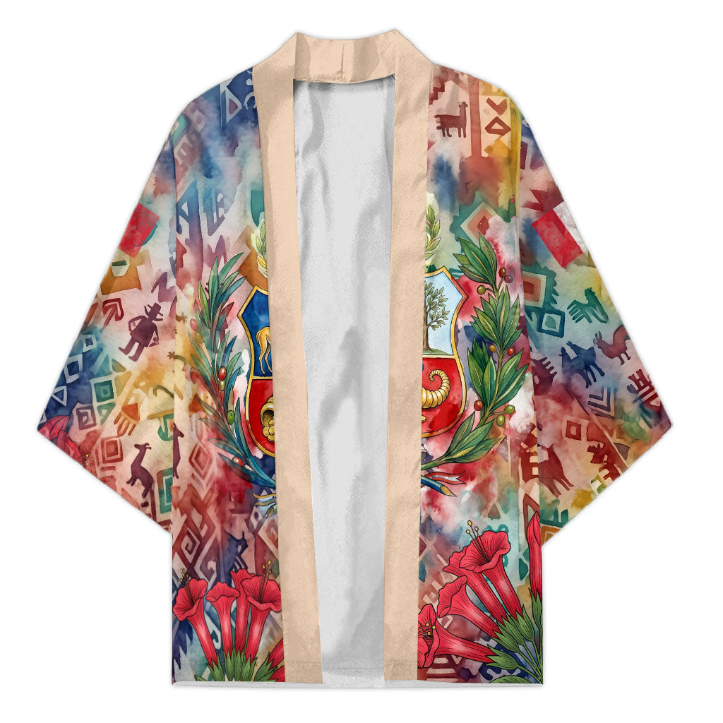 Peru National Emblem Marinera Kimono Watercolor Splash Inca Pattern