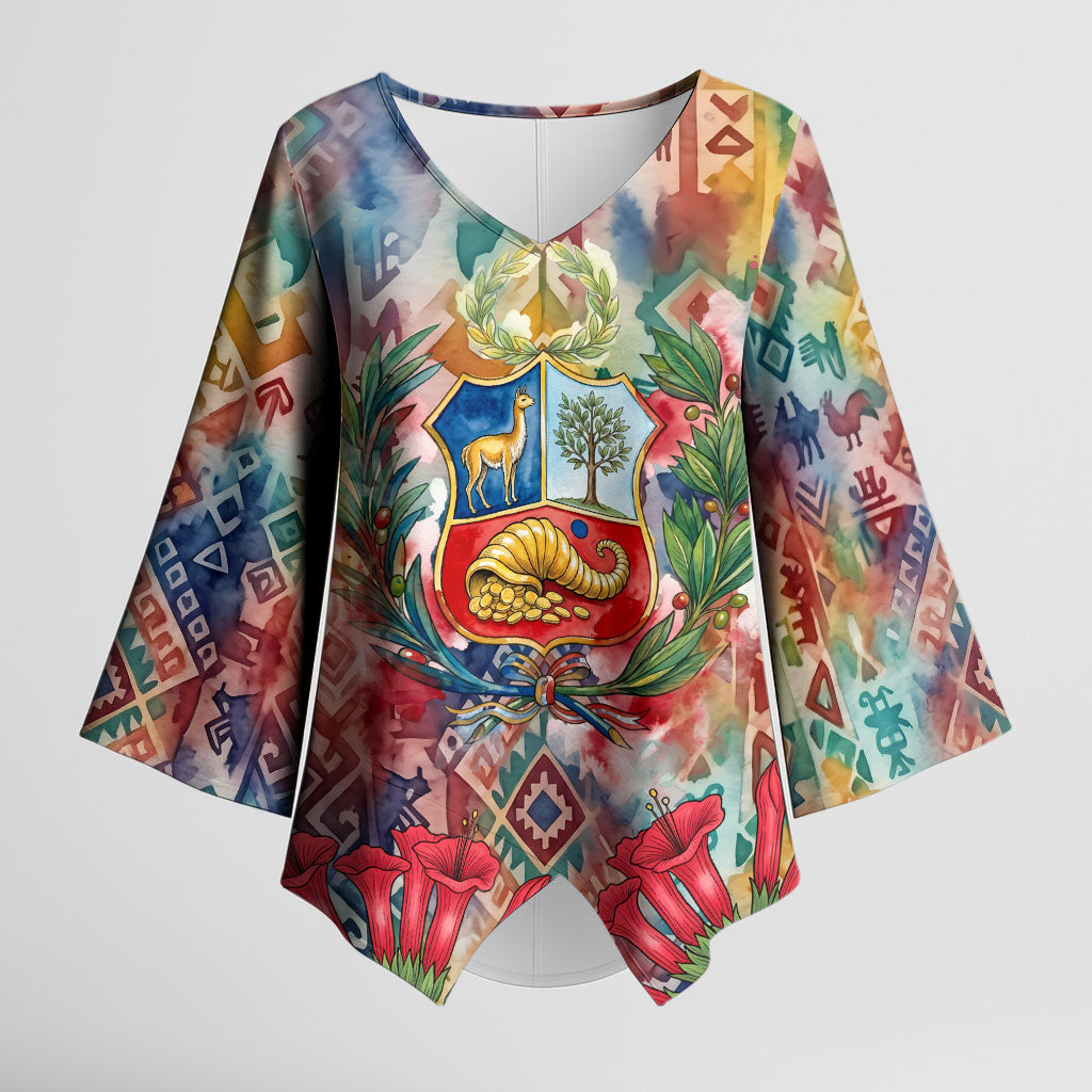 Peru National Emblem Marinera Kimono Sleeve Blouse Watercolor Splash Inca Pattern