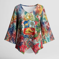 Peru National Emblem Marinera Kimono Sleeve Blouse Watercolor Splash Inca Pattern