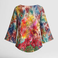 Peru National Emblem Marinera Kimono Sleeve Blouse Watercolor Splash Inca Pattern