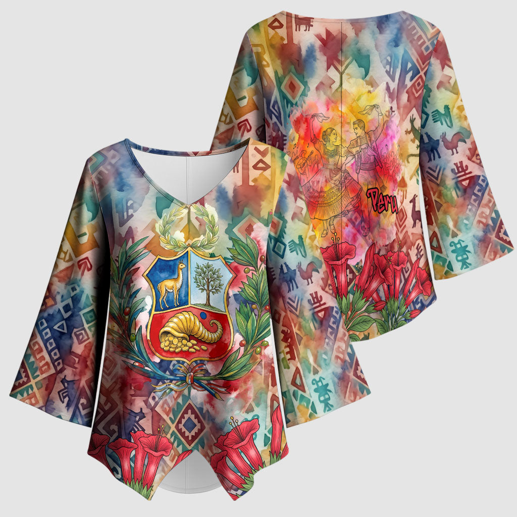 Peru National Emblem Marinera Kimono Sleeve Blouse Watercolor Splash Inca Pattern