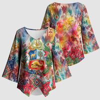 Peru National Emblem Marinera Kimono Sleeve Blouse Watercolor Splash Inca Pattern