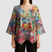 Peru National Emblem Marinera Kimono Sleeve Blouse Watercolor Splash Inca Pattern