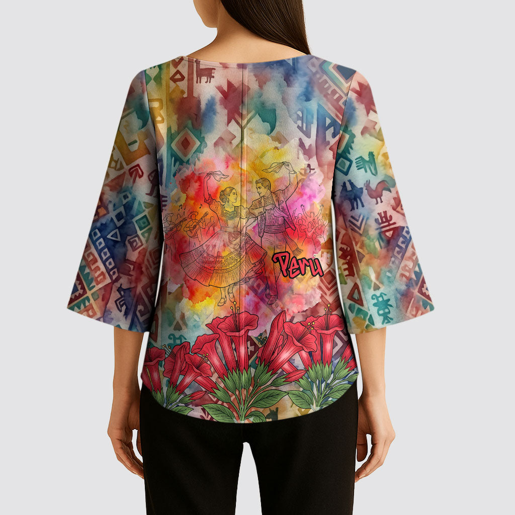 Peru National Emblem Marinera Kimono Sleeve Blouse Watercolor Splash Inca Pattern