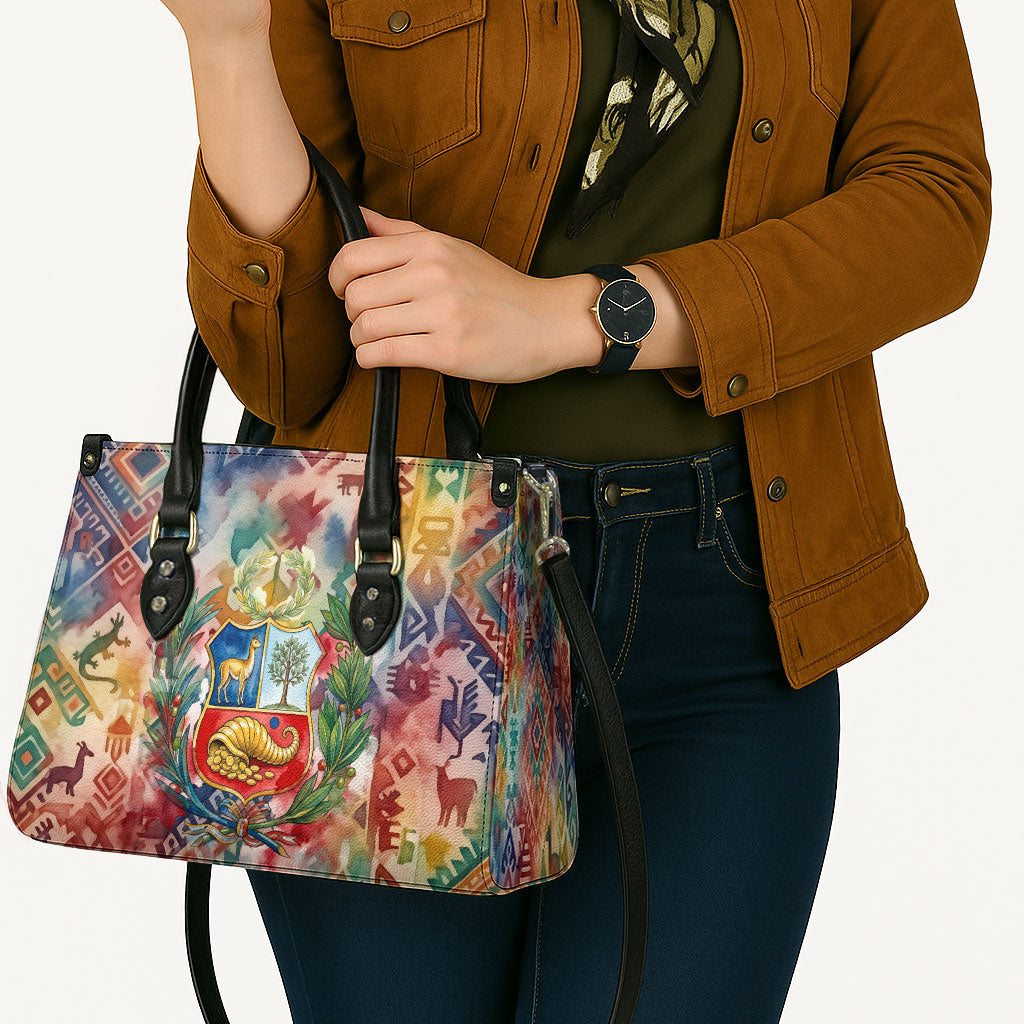 Peru National Emblem Marinera Leather Bag Watercolor Splash Inca Pattern