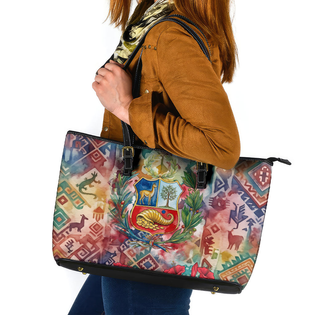 Peru National Emblem Marinera Leather Tote Bag Watercolor Splash Inca Pattern