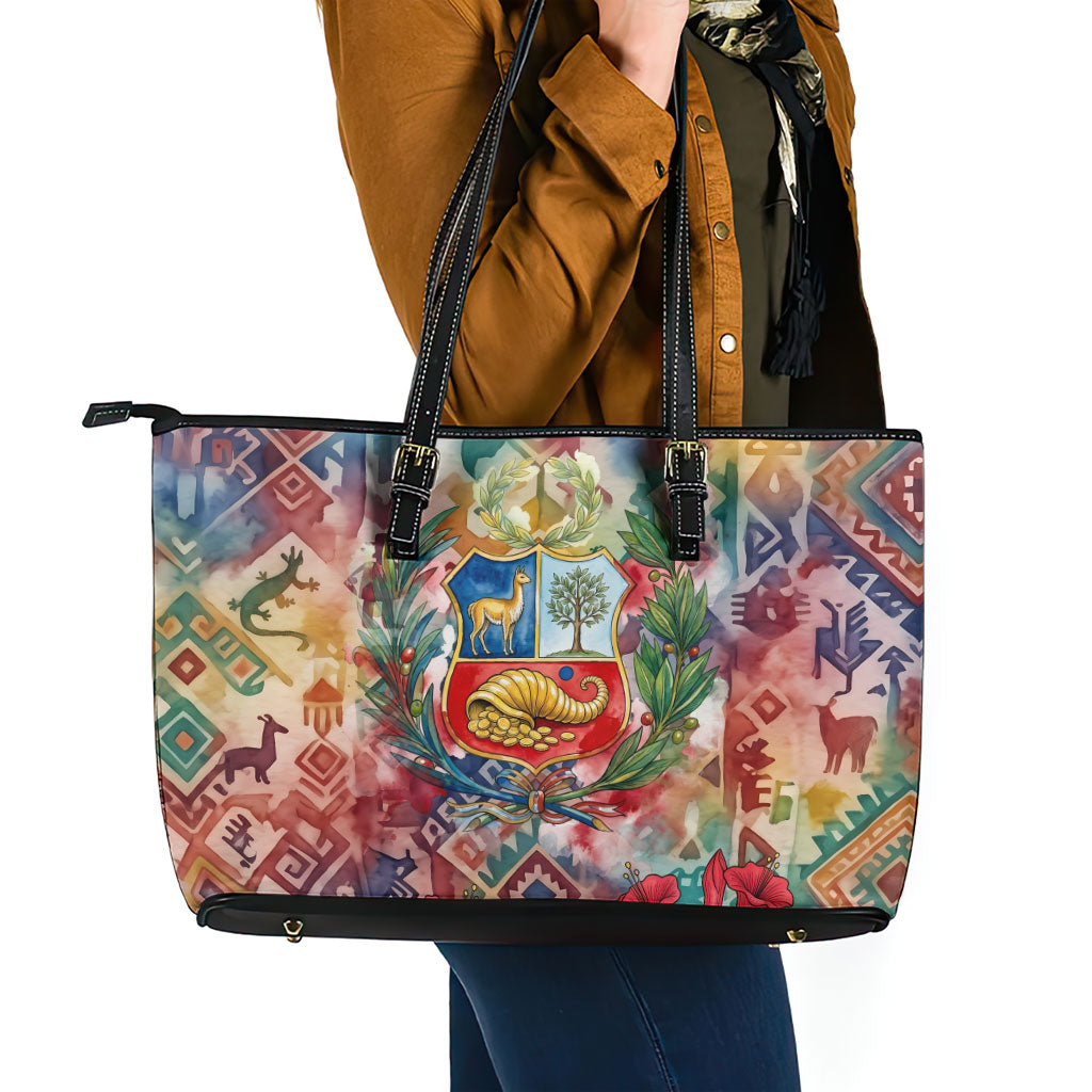 Peru National Emblem Marinera Leather Tote Bag Watercolor Splash Inca Pattern