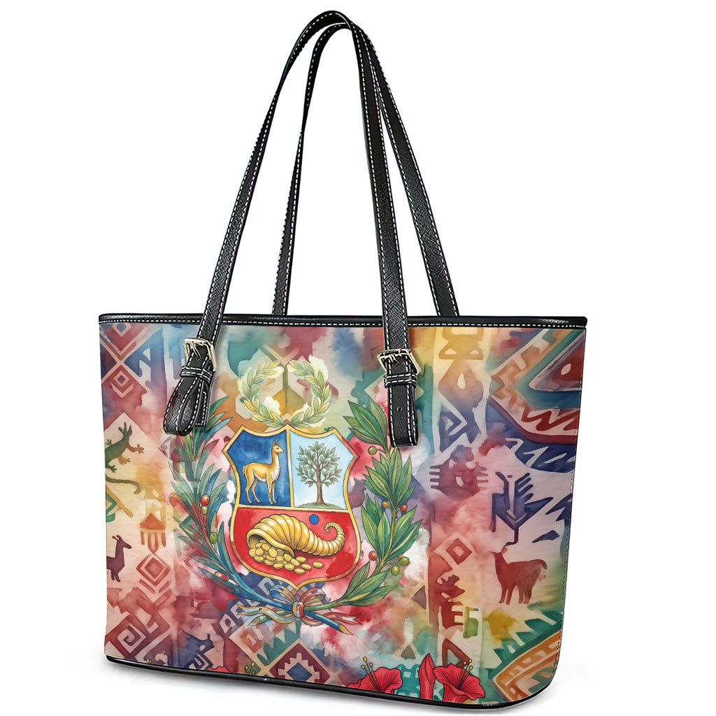 Peru National Emblem Marinera Leather Tote Bag Watercolor Splash Inca Pattern