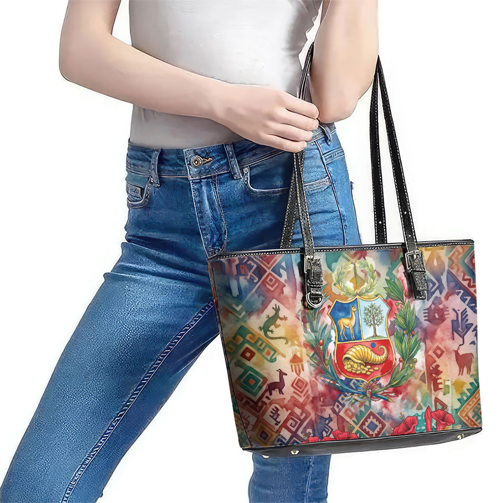 Peru National Emblem Marinera Leather Tote Bag Watercolor Splash Inca Pattern